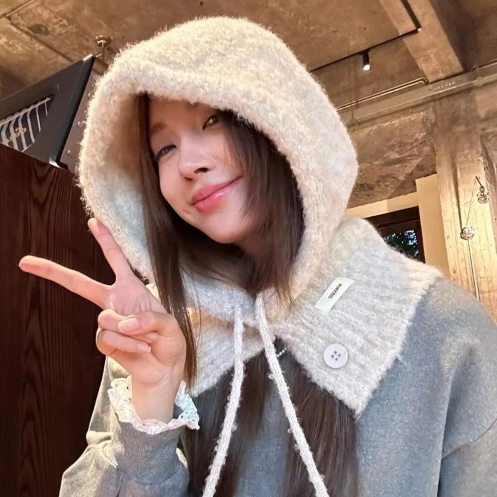 Drawstring Knitted Balaclava Thicken Hooded Scarf Cap Korean Style Neckerchief Hat Women Girl