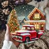 Charming Round Iron Wall Art Snowy Red Truck Christmas Wreath Home Garden Gift