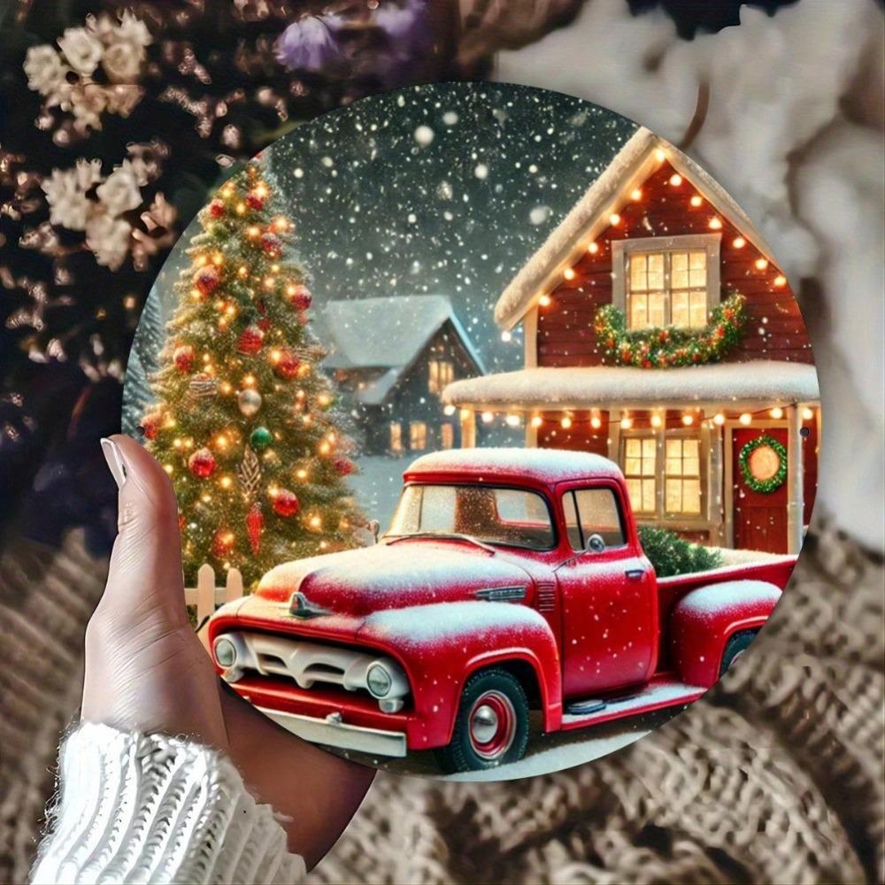 Charming Round Iron Wall Art Snowy Red Truck Christmas Wreath Home Garden Gift