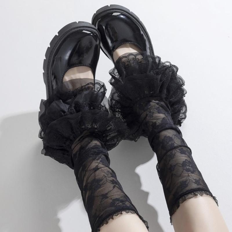 Women Ruffle Lace Leg Warmer Sweet Knee Highs Socks Mesh Flared Leg Socks Princess Leg Sleeves Halloween Costumes