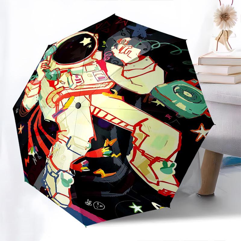 

1pc Colorful Astronaut & Rainbow Automatic Folding Umbrella, Portable 3-Fold Design with Iron Frame, Perfect for Fans, Travelers, Daily Use, Ideal Gif
