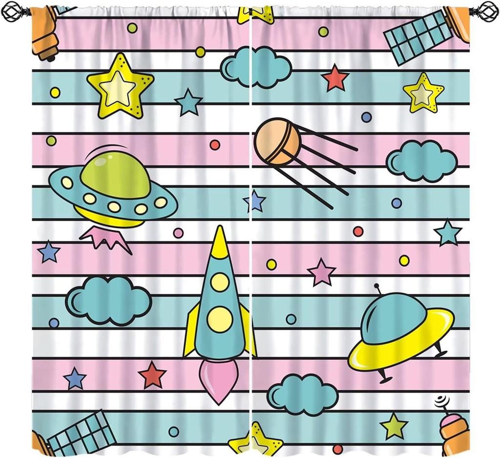 Cartoon Space Universe Curtains,Solar System Planet Rocket Spacecraft Print Decor Rod Pocket Window Treatments For Kids Girls