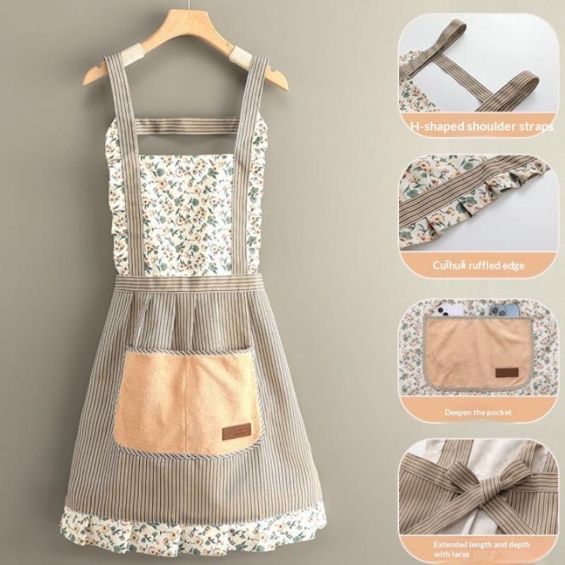 Cotton Canvas Floral For Women'S Kitchen Oilproof Apron With Pockets And Adjustable Waist Belt Waterproof Sleeveless Bib Apron