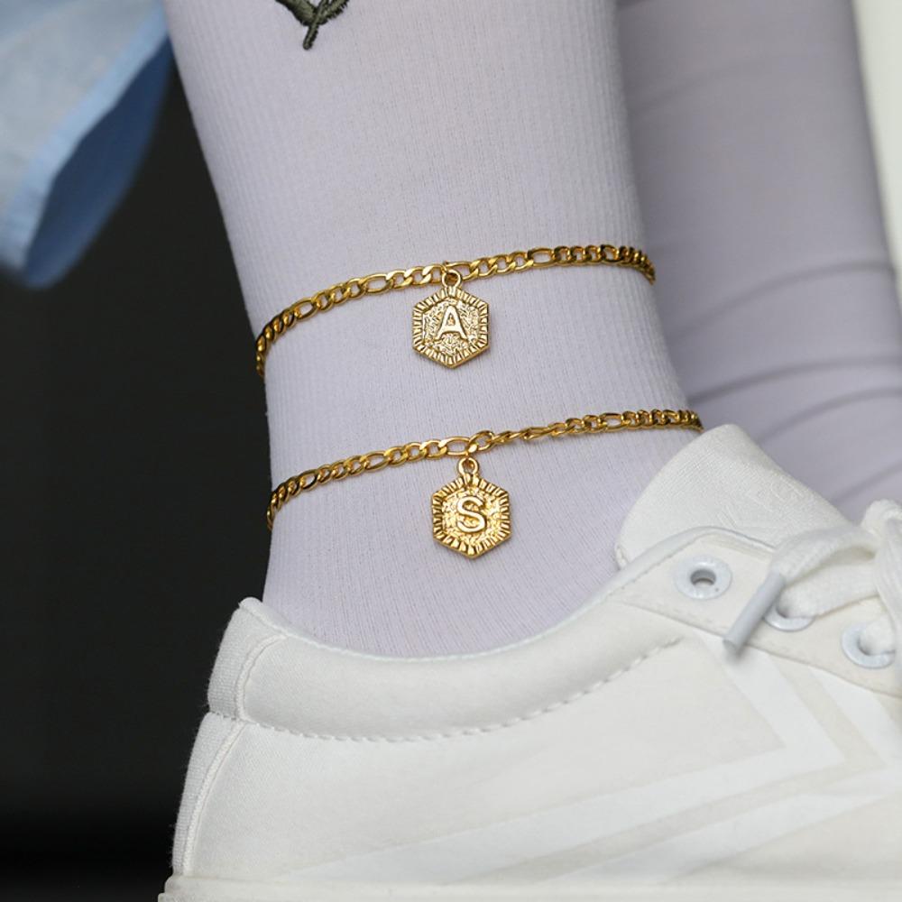 A-Z 26 Lettere Cavigliera Bracciale Colore Oro Acciaio Inossidabile Maglia Figaro/Gourmette 10 pollici