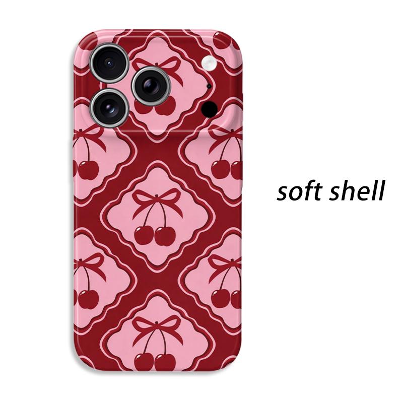 Cute Y2K Sweet Coquette Geometric Red Pink Cherry Bow Pattern Film Art Aesthetic Protective Shockproof Bumper Case For iPhone 14 15 16 Pro Max Plus