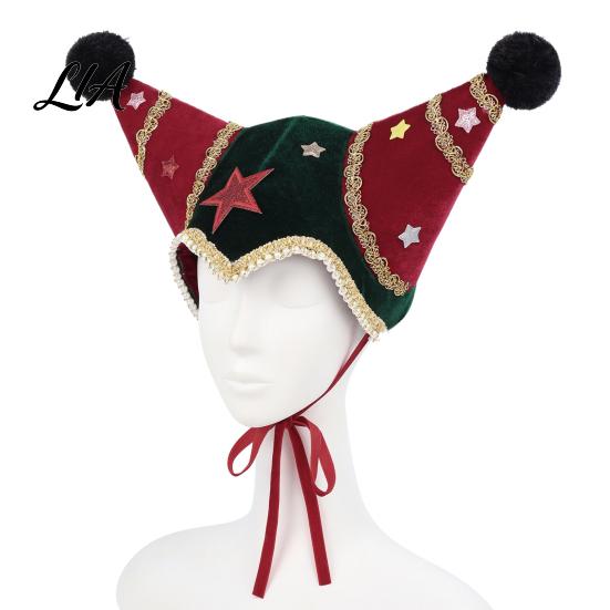 Holiday Photo Booth Decorations Christmas Jester Hat, Velvet Star Clown Hat with Gold Trim Pom Retro Style Performance Headpiece Poms, Adjustable Tie,