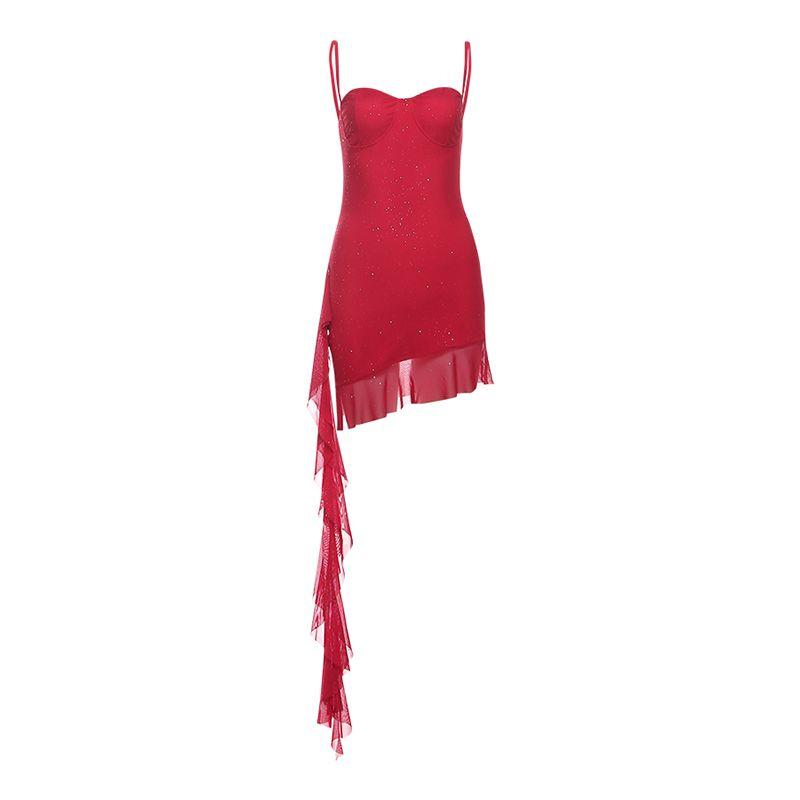 

# Sisjuly# Demon Seaside Vacation Style Red Enchantress Zhang Yang Ruffles Irregular Spaghetti-Strap Dress Female Red S