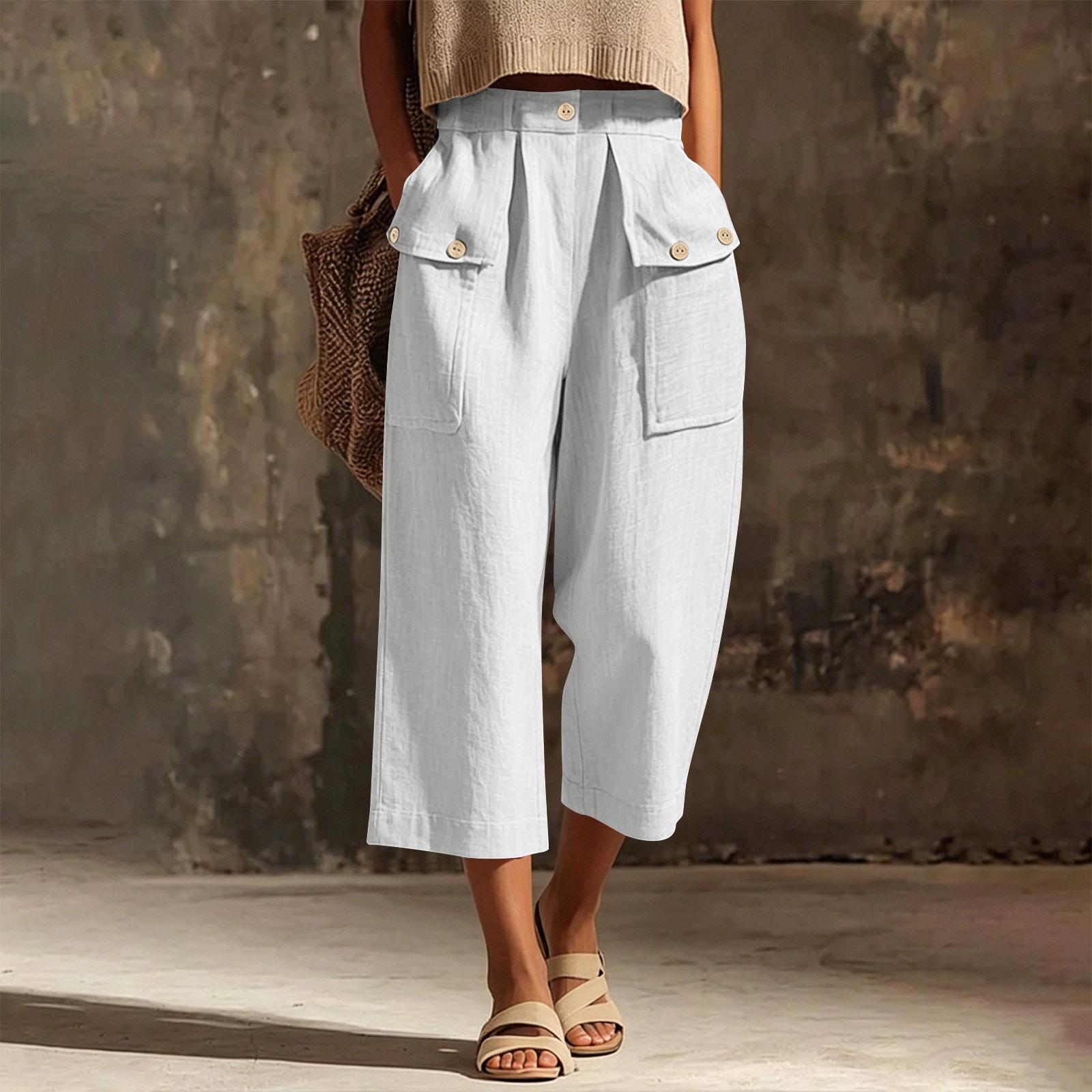 Women’s Casual Loose-Fit Cotton-Linen New-Style Three-Quarter Trousers, Beach Three-Quarter Trousers S