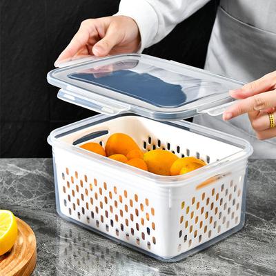 Dwupoziomowe hermetyczne pudełko do przechowywania, Plastikowe pudełko do przechowywania owoców i warzyw z odpływem, Dwupoziomowe, przezroczyste, do kuchenki mikrofalowej