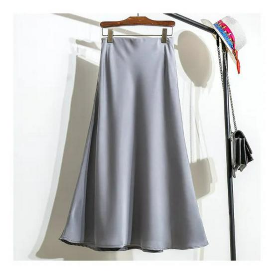 Enhanced Autumn High-Waisted Slimming Midi Skirt for Women in Acetate Satin Fabric. Please view the product before ordering.