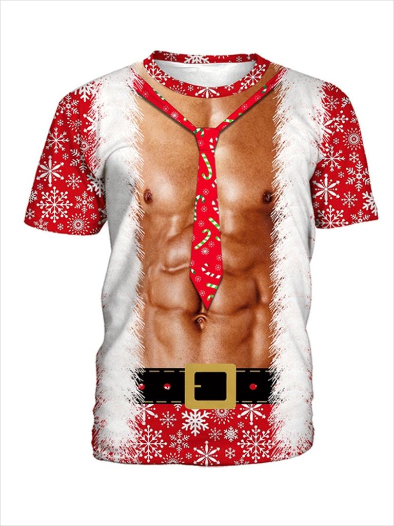 Fashion 3D Merry Christmas Printed Mens T Shirt Happy Santa Claus Xmas Christmas Trees Graphic Short Sleeves Top