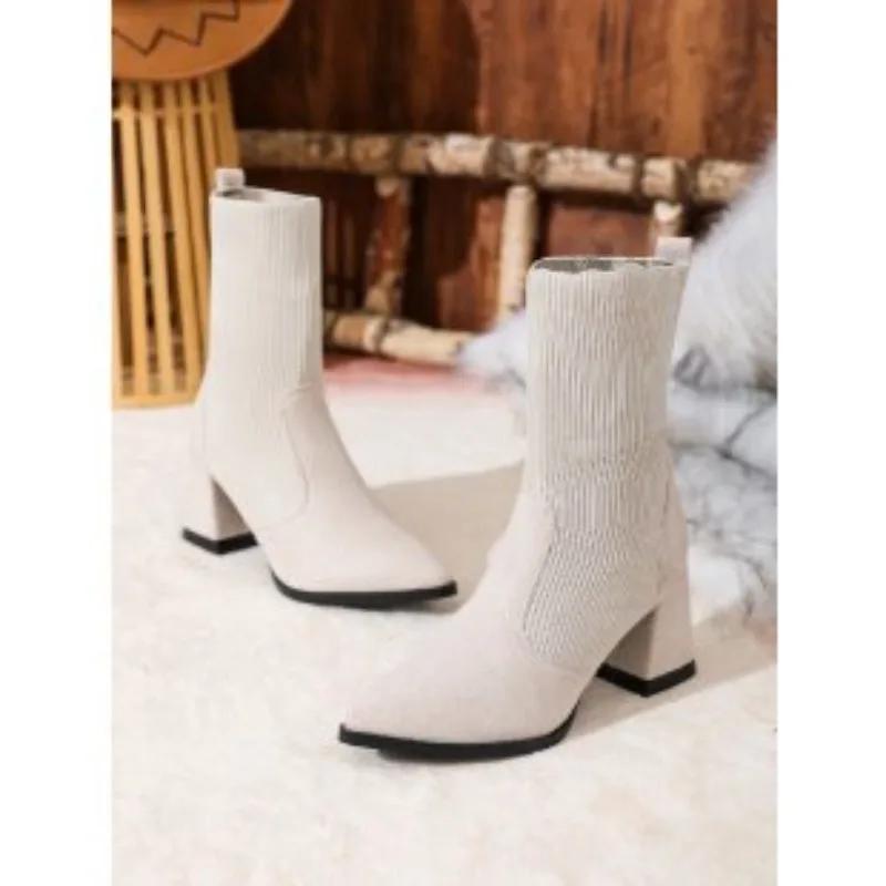 2024 Winter New Women's Boots Versatile High Heels Fashion Solid Color Thick Heel Socks Boots Square Head Women's Short Boots