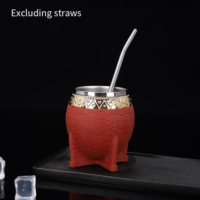 Cana din Oțel Inoxidabil cu Perete Dublu pentru Ceai Paraguay, Cană de Sticlă cu Fund Plat, Cană de Cafea cu Pai, Textură Carapace de Broască Țestoasă, Cană Coajă de Ou