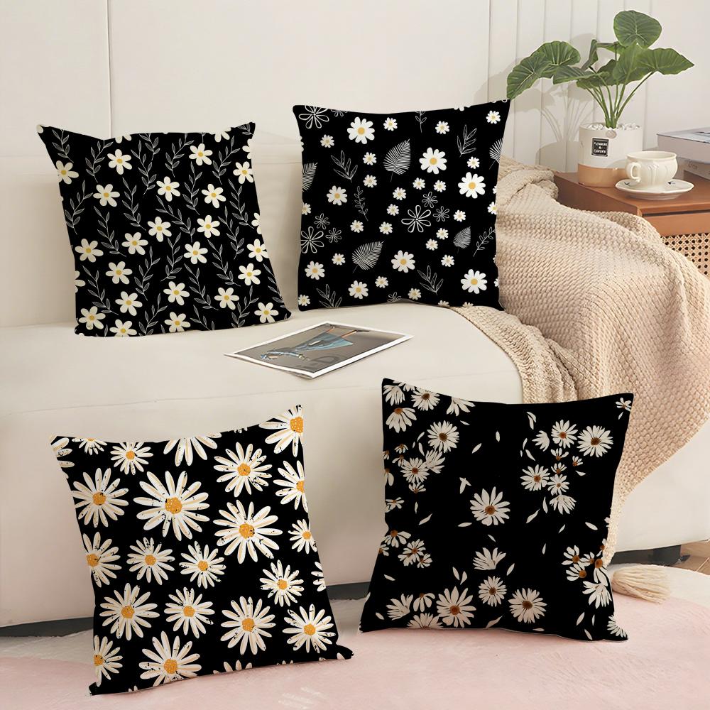 Classic Black Daisy Cushion Cover Short Plush Doublesided Print Square Throw Pillow Covers Sofa Home Cushion Decor