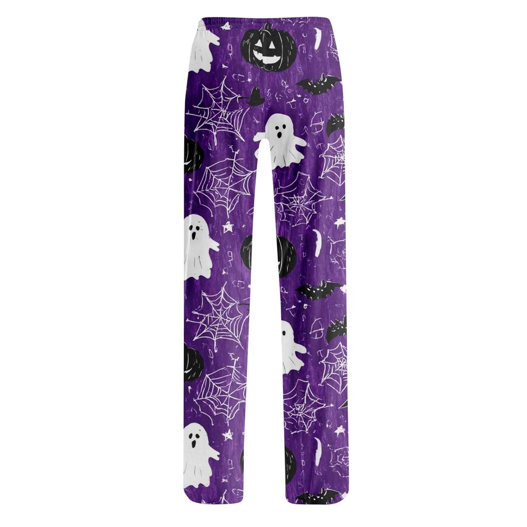 Kadın Cadılar Bayramı Baskılı İpli Pijama Altı - Eğlenceli Baskılı Desenli Yumuşak Günlük Uyku Pantolonu, Kadınlar İçin Rahat Alt Giyim, Bol Kesim