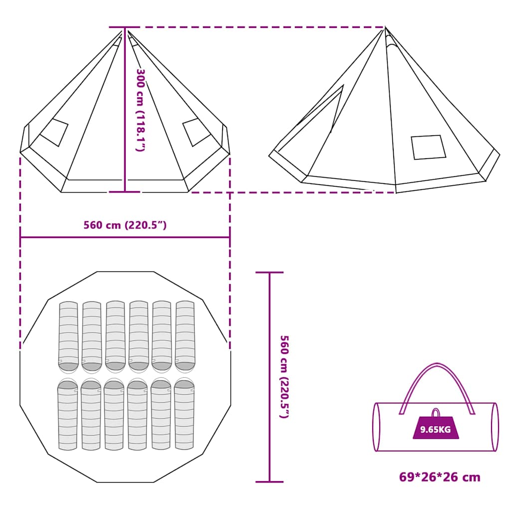 Tipi Tent with Roof and Storage Blue 560 x 560 x 300 cm Taffeta