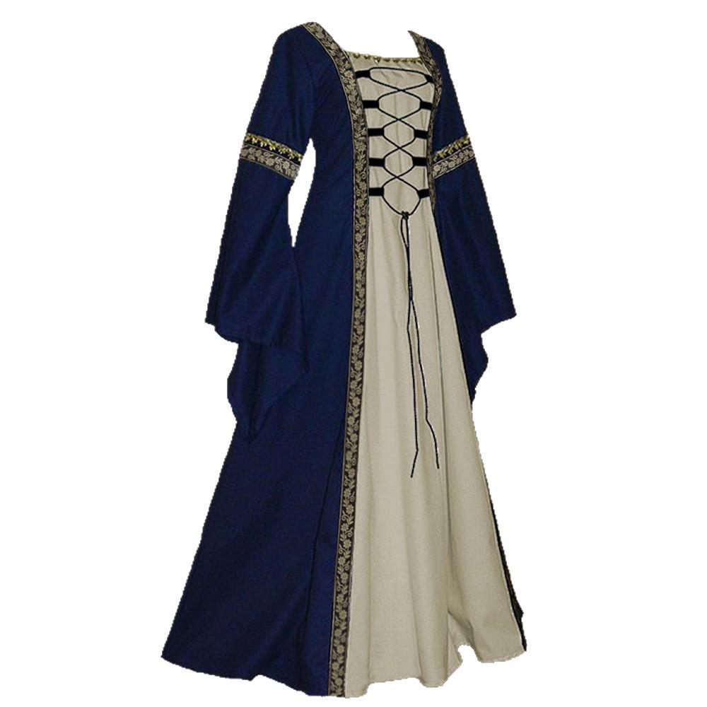 Vestido Medieval Gótico Retro de Cuadrado con Cordones y Mangas de Campana