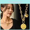 Elegant Titanium Steel Chunky Chain Necklace For Women With Heart And Circular Pendant