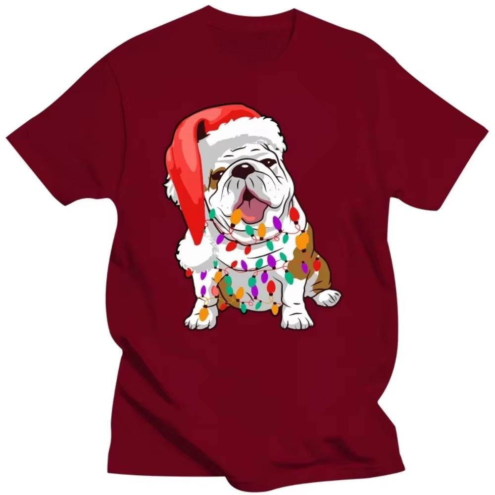 Cute Bulldog Christmas Lights Dog T Shirts Summer Graphic Cotton Streetwear Short Sleeve Birthday Gifts T-shirt Mens Clothing