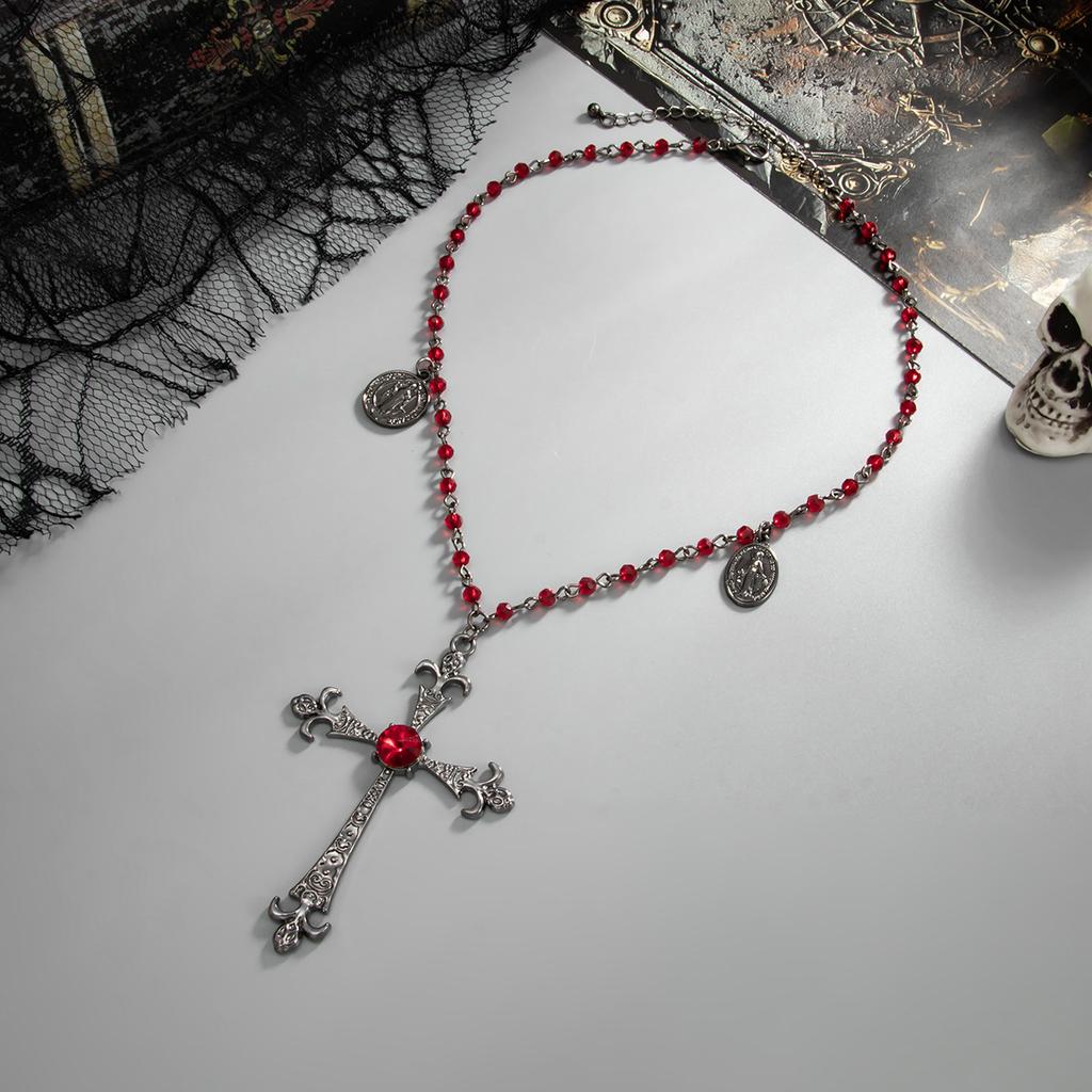 Dark Gothic Cross Tag Necklace, Halloween Imitation Crystal Chain Collarbone Necklace