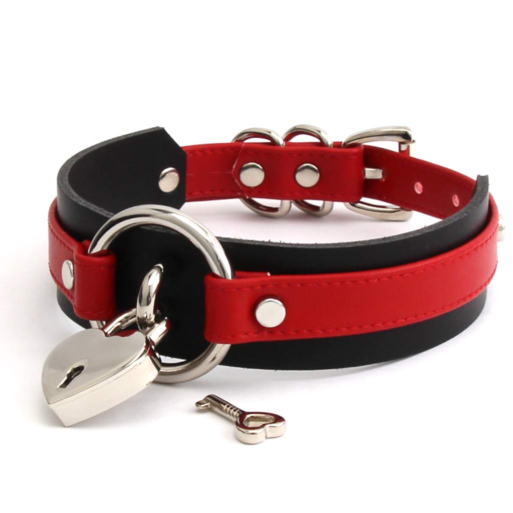 Choker Heart Collar Padlock Ring PU Leather Black (Red & Silver)