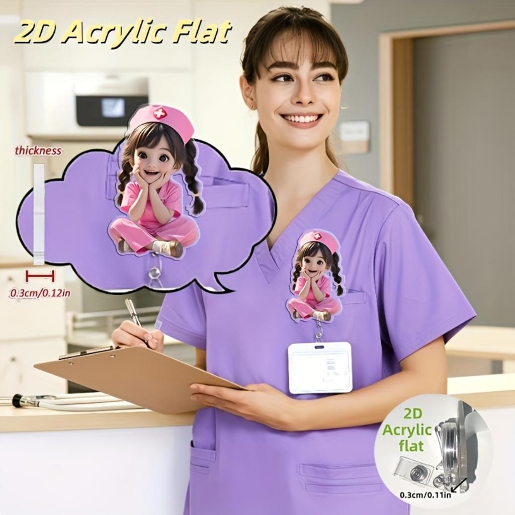 2D Flat Acrylic Pink Nurse Girl Retractable Badge Reel, Medical ID Tag Holder For Medical Students And Professional Nurse Practitioners Workplace