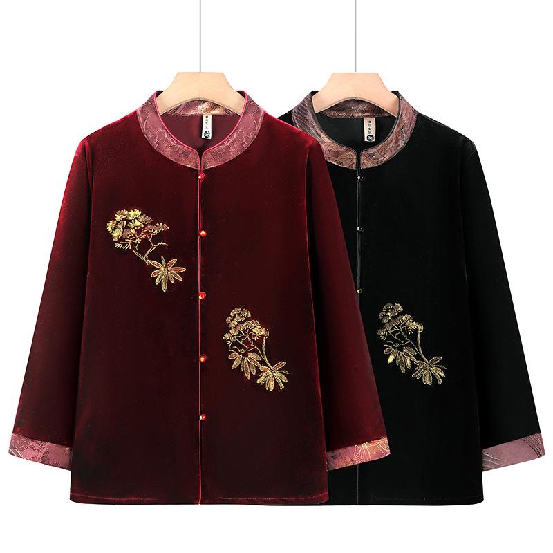 Elegant Golden Velvet Long-Sleeve Shirt for Elderly Women - Perfect for Spring and Autumn