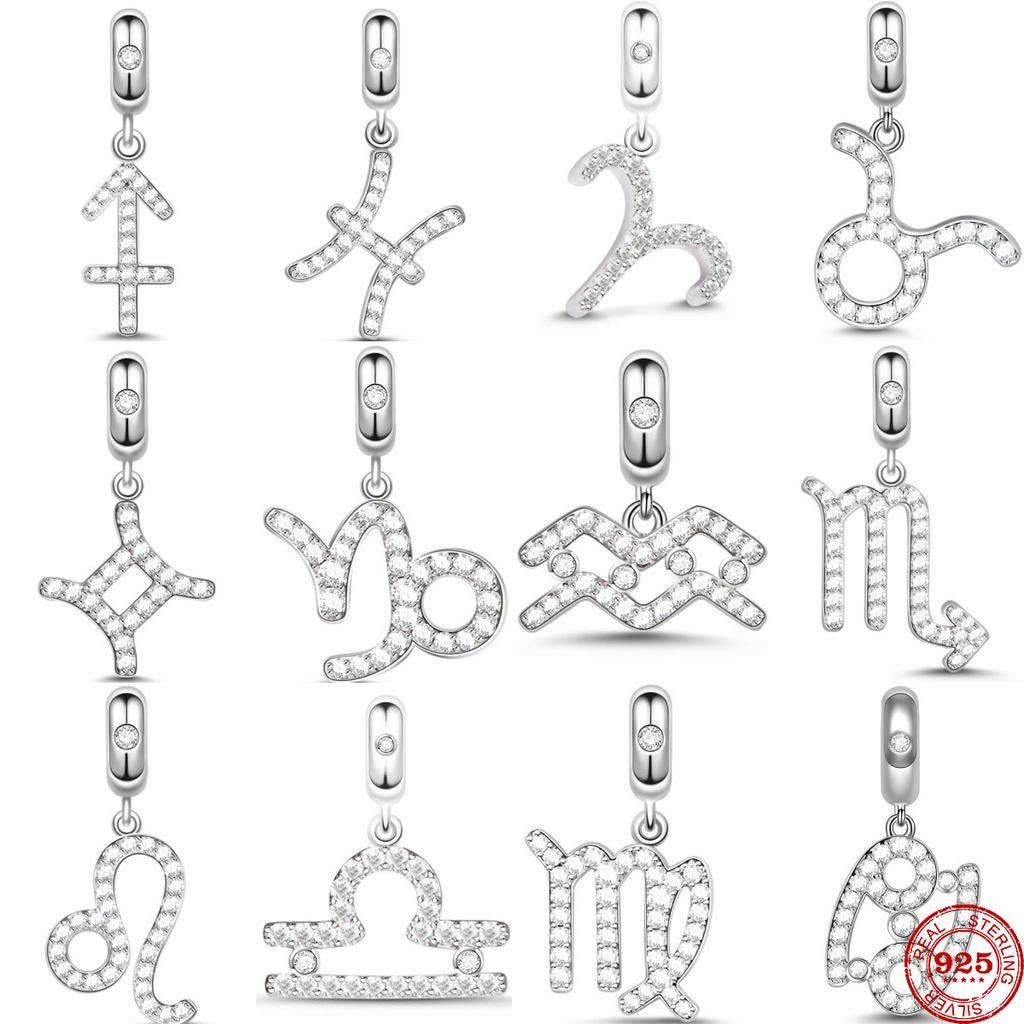 New Copper Twelve Zodiac Signs Birthday Sparkling Zircon Dangle Bead Diy Fit Original Pendant Charm Bracelet Jewelr