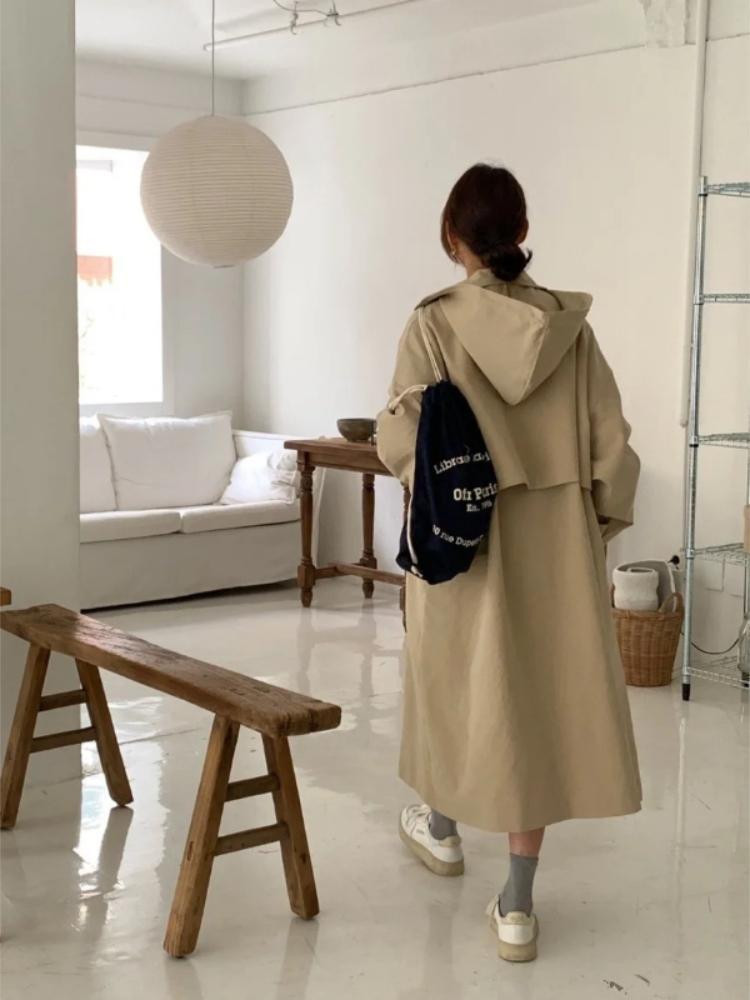 Korean Vintage Fashion Overcoat Loose Fit Single Breasted Long Coat with Detachable Hood Autumn Winter Women Outerwear Retro Long Sleeve New