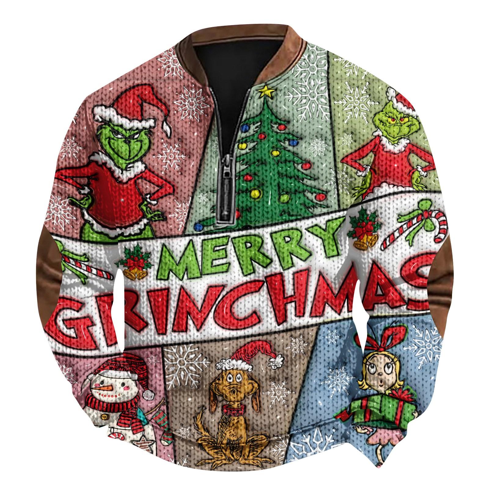 Mens Christmas Sweater Zip Up Sweatshirts Vintage Knit Graphic Sweatshirt Xmas Stand Collar Pullover XXXXL