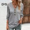 Women Spring Fall Top Hollow Out Lace Button Decor V Neck Soft Breathable Pullover Patchwork Long Sleeve Mid Length Lady T Shirt