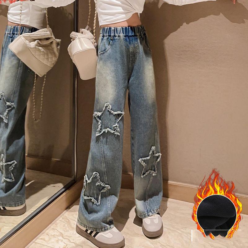 Children Winter Thermal Wide Leg Jeans Pants For Girls With Star Straight Loose Thick Jeans Lined Kids Warm Denim Trousers