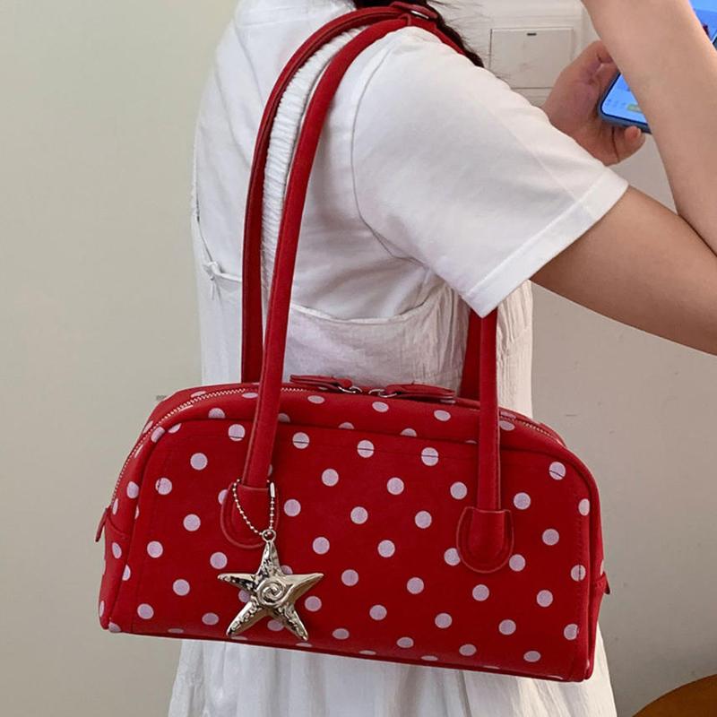 Korean Style Polka Dot Handbag Retro Bowling Bag Large Capacity Shoulder Bag Casual And Simple Underarm Bag With Star Charm
