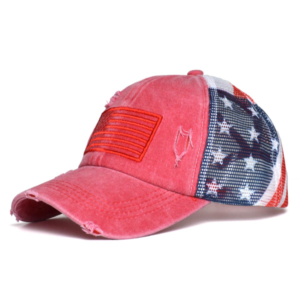 Women s Ponytail Baseball Cap, Vintage Washed Patriotic Mesh Back Trucker Hat M（56-58cm） красный