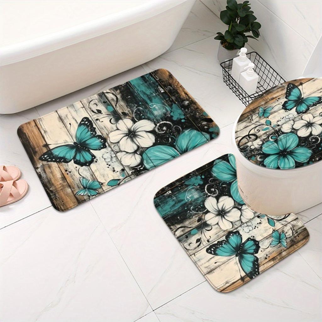 1/4Pcs Bathroom Shower Curtain Set Teal Butterfly  Print Bathroom Curtain With 12 Hooks Non Slip Rugs Toilet Cover Mat Bathroom Partition