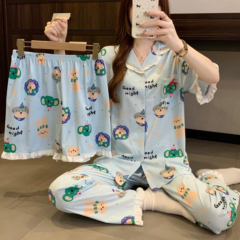 Cute cute pet party pajamas women's summer imitation cotton short-sleeved three-piece cartoon thin loungewear can be worn outside