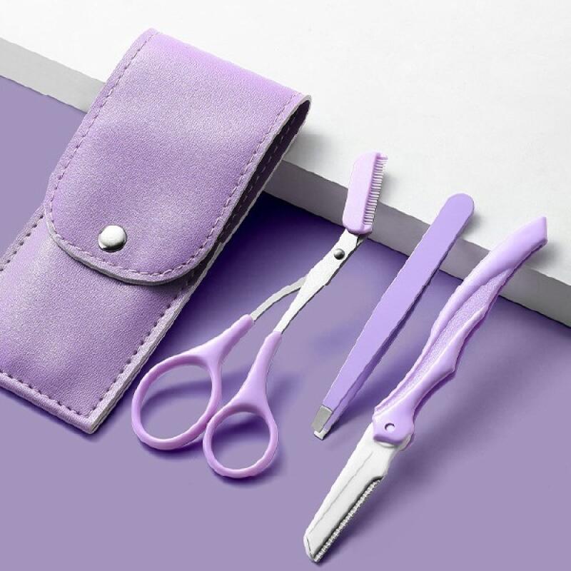 3-piece eyebrow grooming kit (thinning scissors + eyebrow razor + tweezers + leather case) Eyebrow Grooming Set Purple