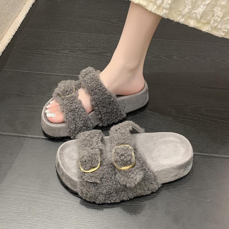 Internet celebrity thick bottom one-word button fluffy slippers women's wear 2025 autumn and winter new velvet warm non-slip Birkenstock cotton mop