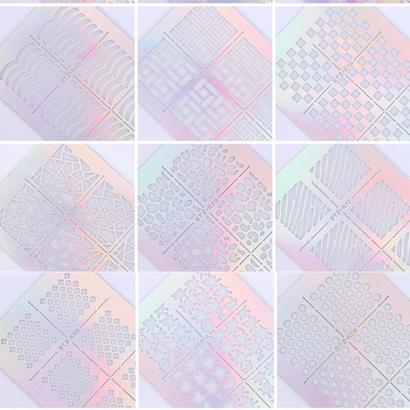 6Pcs Nail Art Vinyls Nagel Schablonen Sticker Irregulär Muster Stencil Stickers random