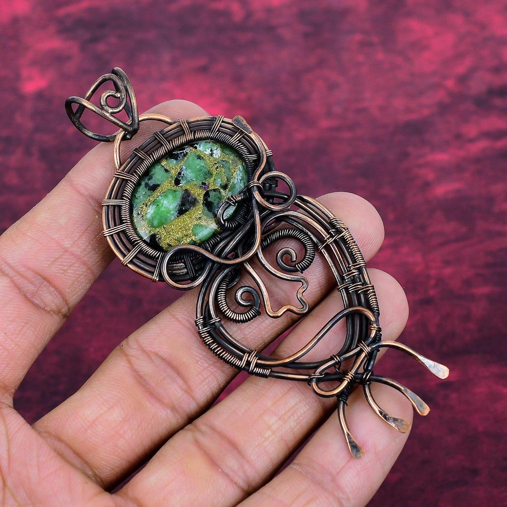 Copper Ruby Zoisite Gemstone Pendant Handmade Copper Wire Wrapped Unique Jewelry