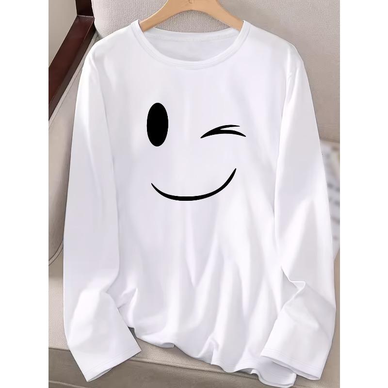 Europäische Größe Damen Lässiges Langarm Crew-Neck Grafikdruck T-Shirt - Verspieltes fröhliches Gesicht Design, Schmale Passform,