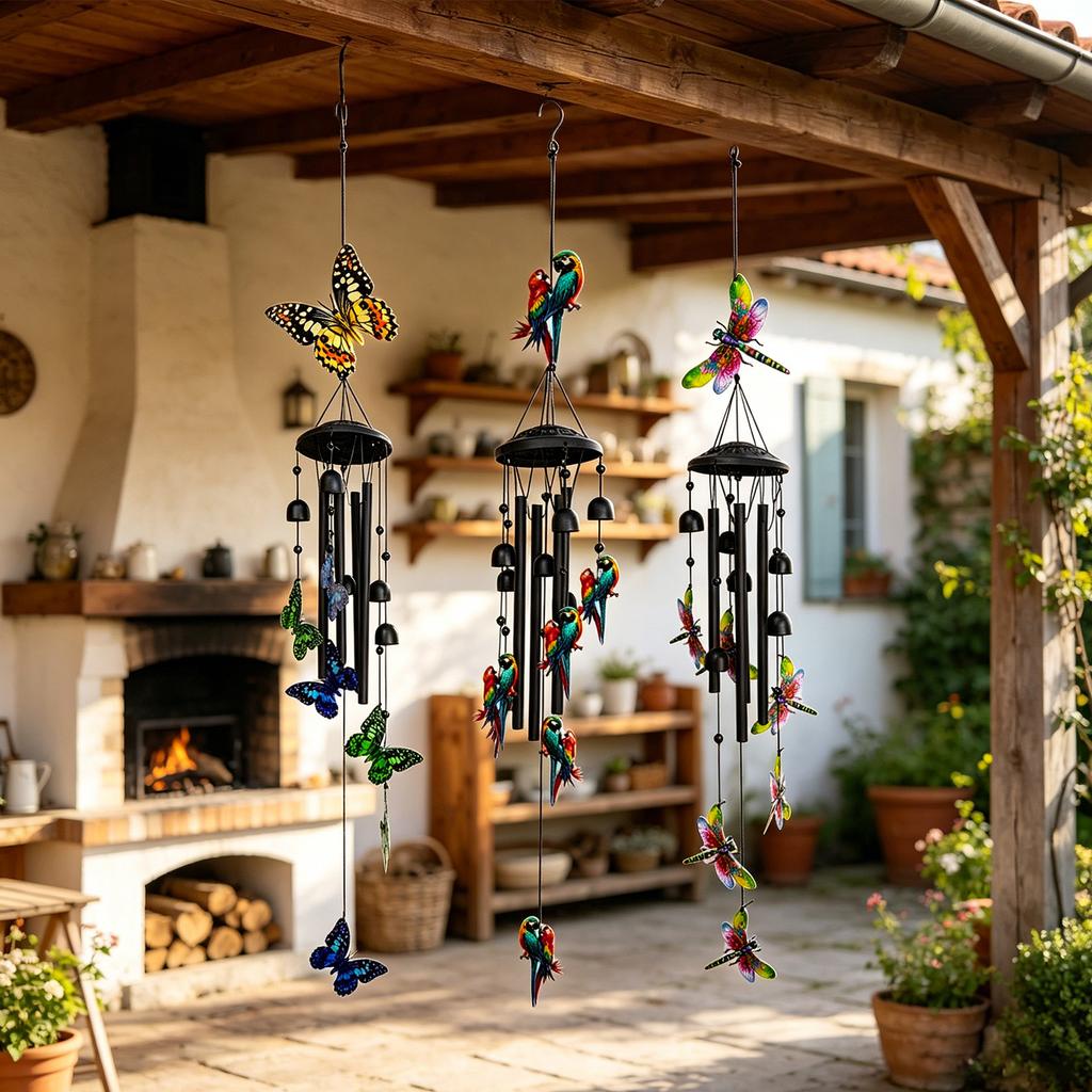 Metal Wind Chime Hanging Decoration with Painted Hummingbird Figurines Outdoor Indoor Garden Patio Porch Accessory
