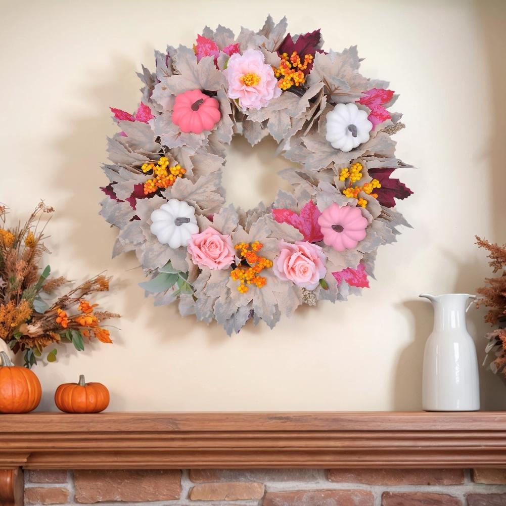 1PCS  Fall Wreath With Pumpkins & Silk Flowers Fall Wreath 17.72 Inch Fall Wreath With Pumpkins & Silk Flowers For Autumn Decor