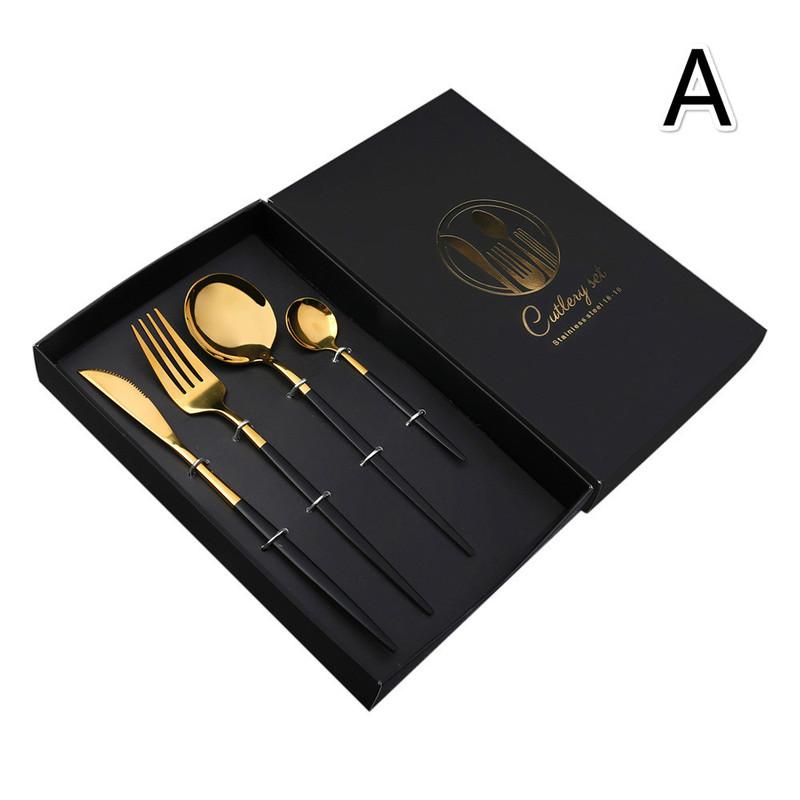 2/4 Stück Essgeschirr Tragbar Schwarz&Gold Edelstahl Löffel Gabel Steakmesser Set Reise Besteck Tischgeschirr Besteckset