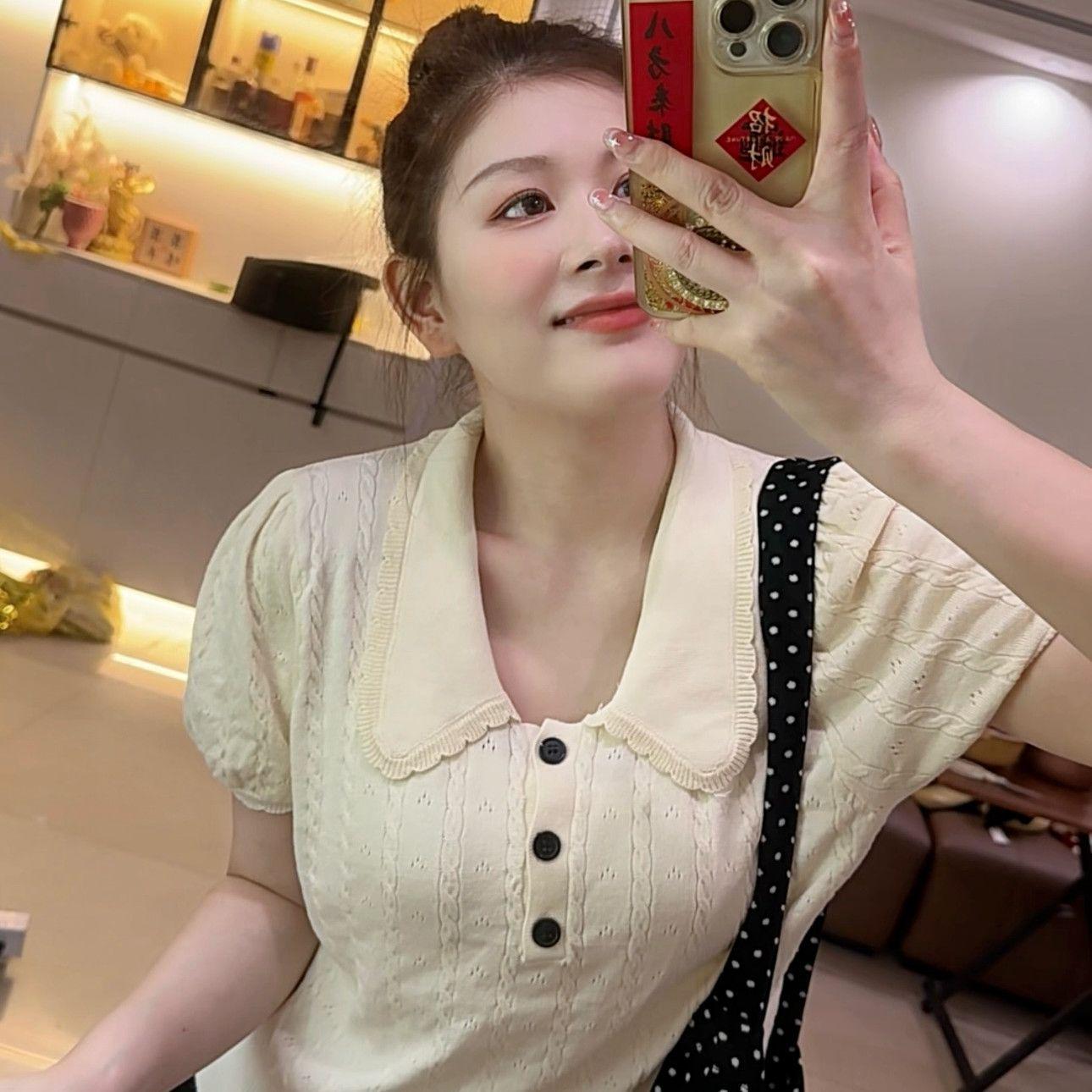 Plus Size Women s Grey Color Block Doll Collar Cable Knit Short Sleeve Ice Silk Top 3XL