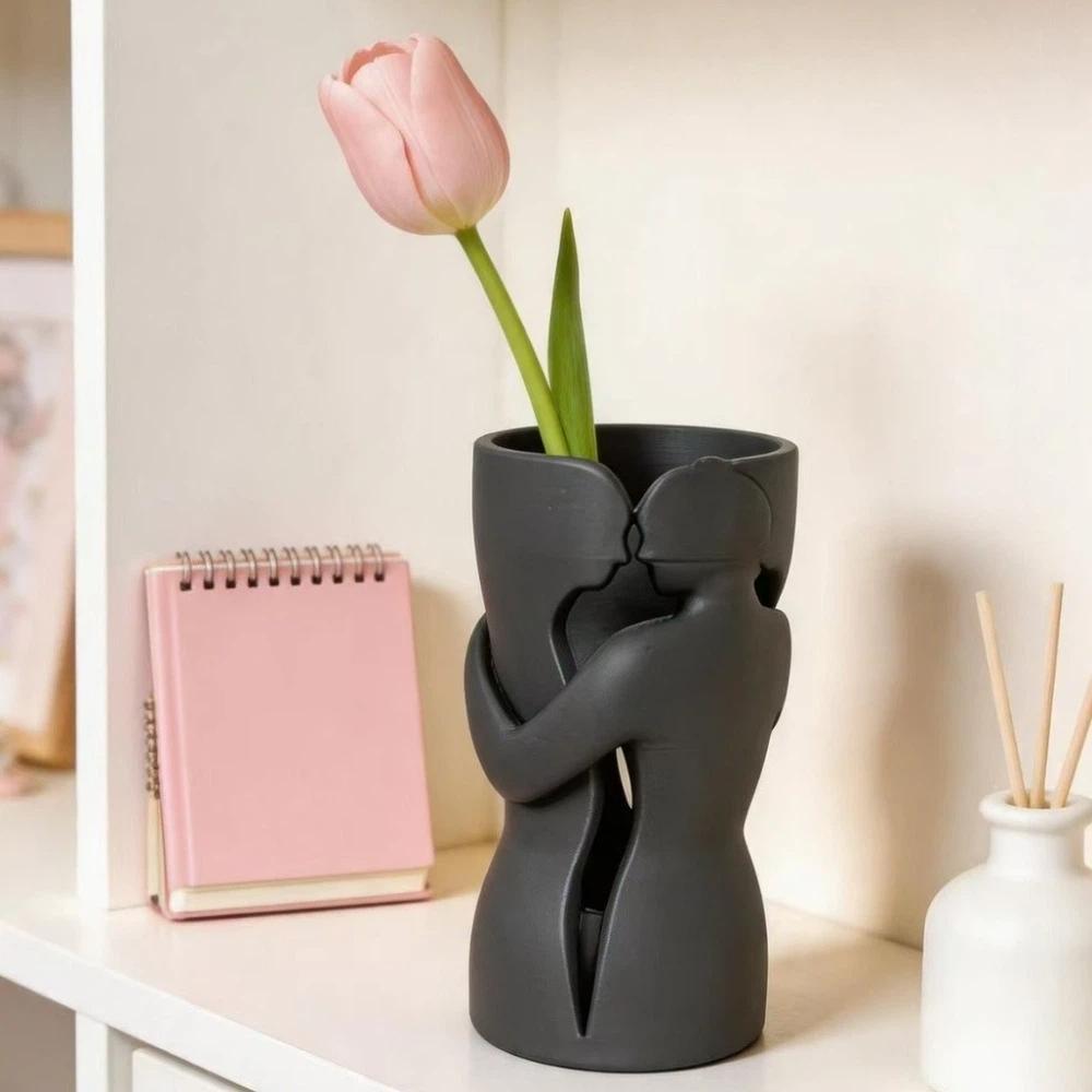 Abstract Shape 3D Couple Flower Vase Black Flower Holder Lovers Ornament Sculpture Bedroom