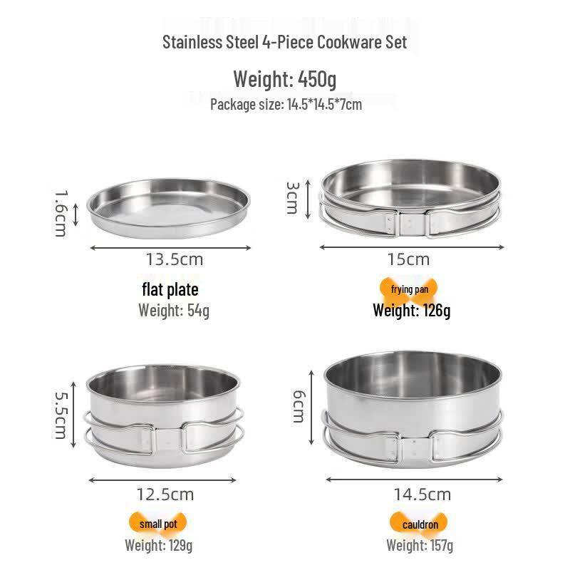 Gongziyu Outdoor Stainless Steel 4-Piece Camping Cookware Set