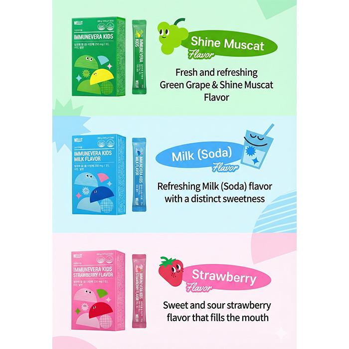 WELLIT IMMUNEVERA KIDS Aloe gel Jelly Shine Muscat / Strawberry / Milk 20g × 14 sticks (10 Options)