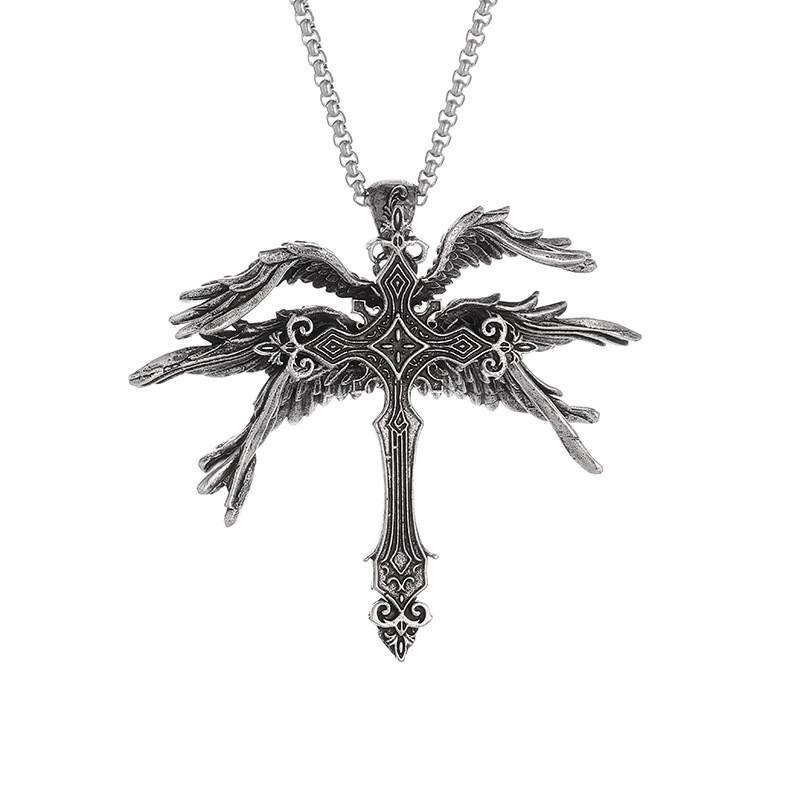 Gorgeous Six Wing Angel Cross Necklace Trendy Geometric Pendant With Durable Material Alloy