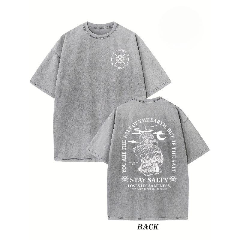 

European sizes Men s Washed T-Shirt with Nautical Stay Salty Print, Oversized Drop Shoulder Fit - Casual Streetwear S серый